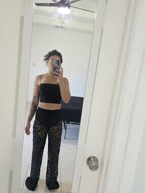 Black Sheer Mesh Pants Medium See Through High Rise Cover Up Festival Beach Pant